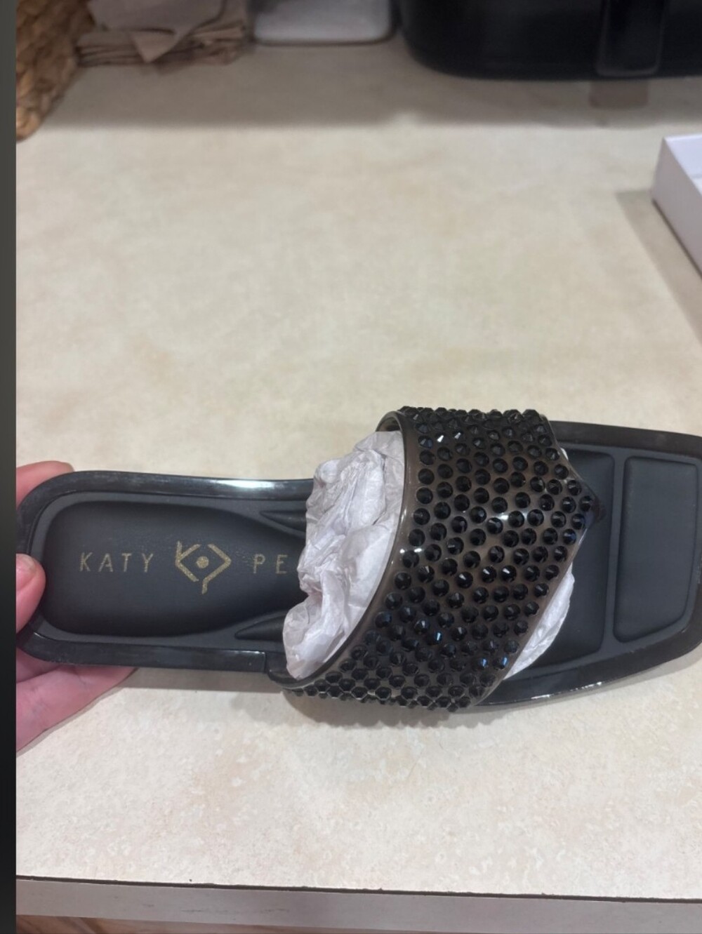NEW IN BOX! Katy Perry Collections Black Studded Slide Sandals with Wide - Picture 2 of 3